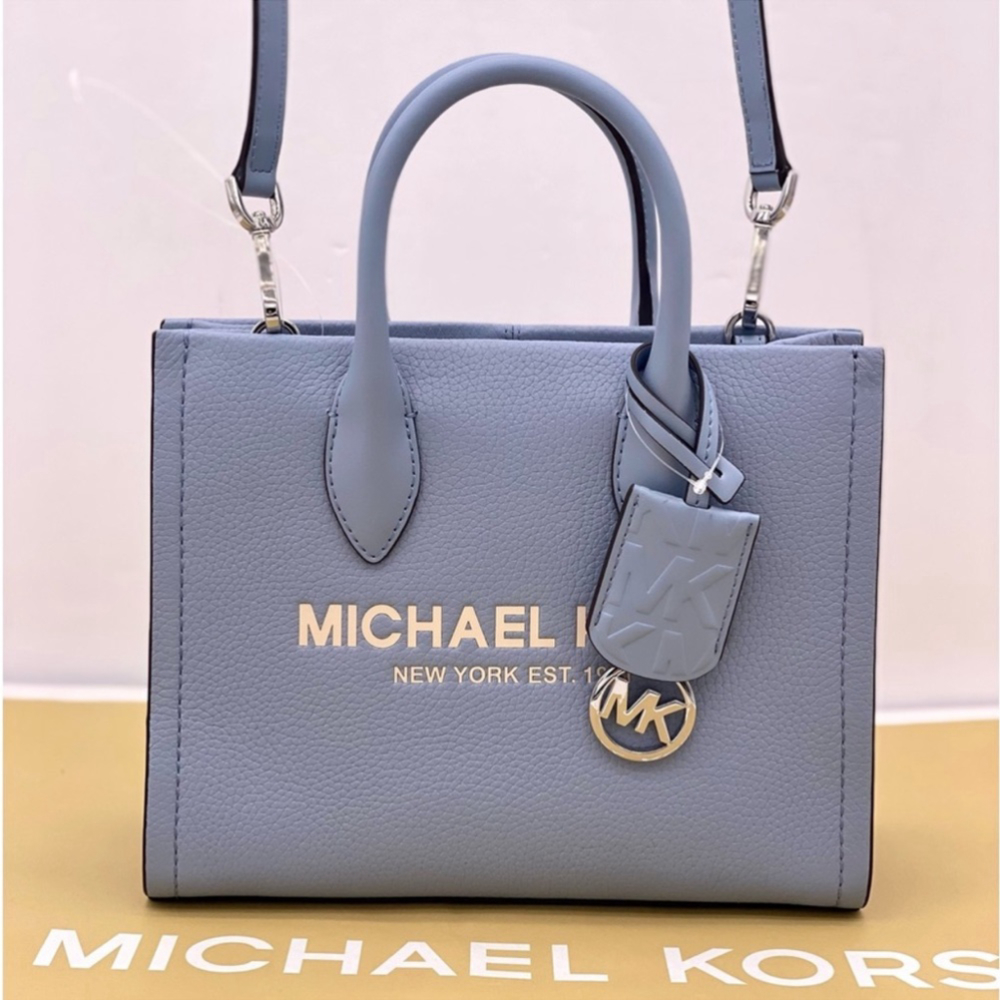 Michael Kors Mirella Small Shopper Top Zip Tote Crossbody Pale Blue Leather
